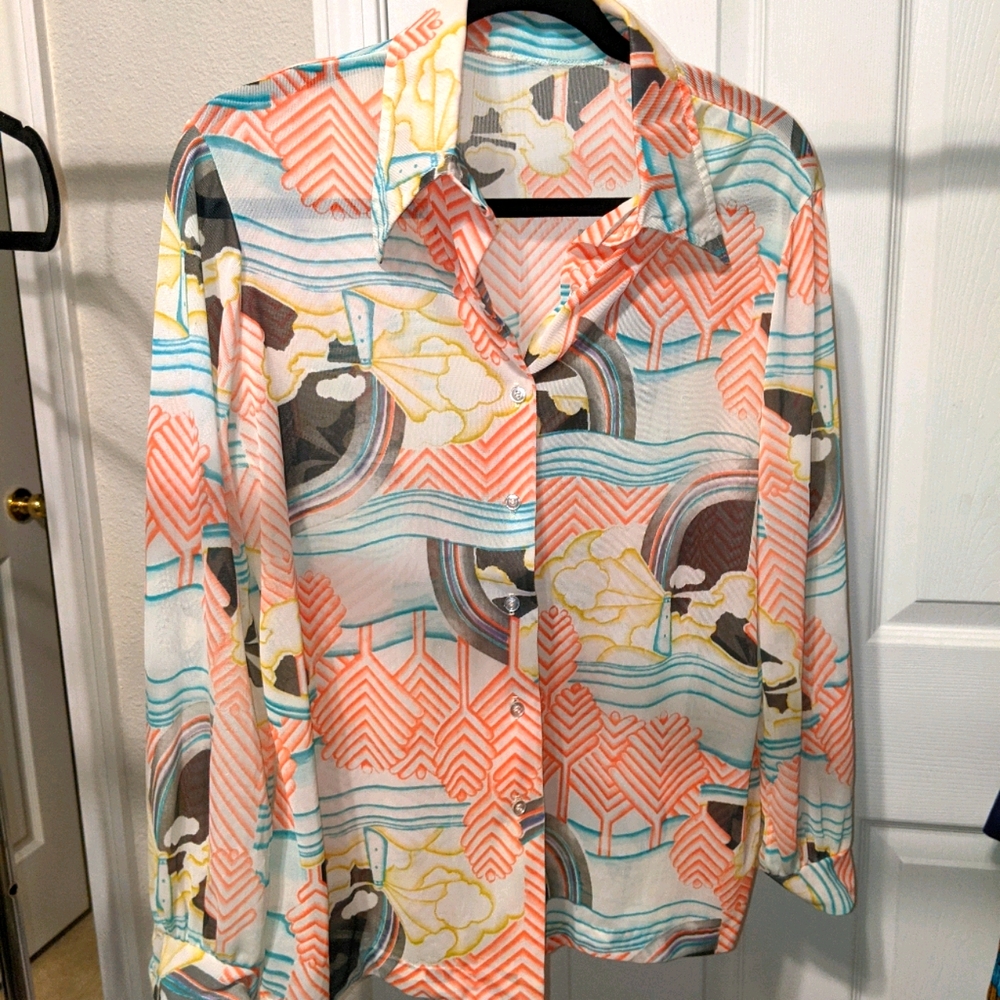 Vintage lighthouse and rainbow button-up